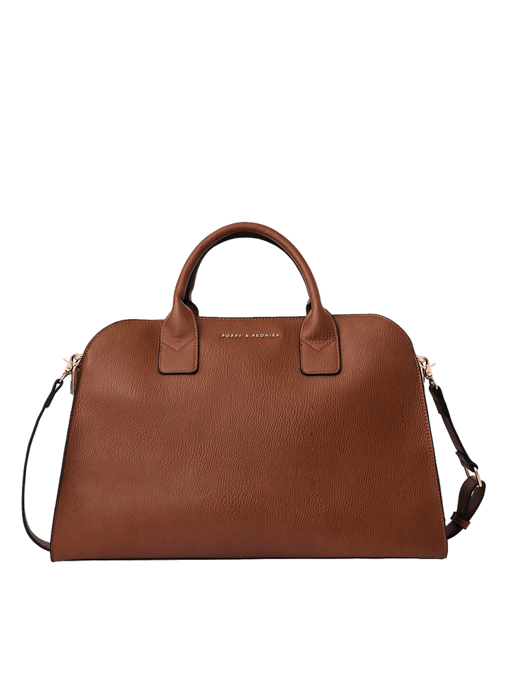 Poppy and Peonies Uptown Tote Chestnut featuring a structured silhouette, rich chestnut pebbled texture, dual top handles, adjustable shoulder strap, and gold-tone hardware.