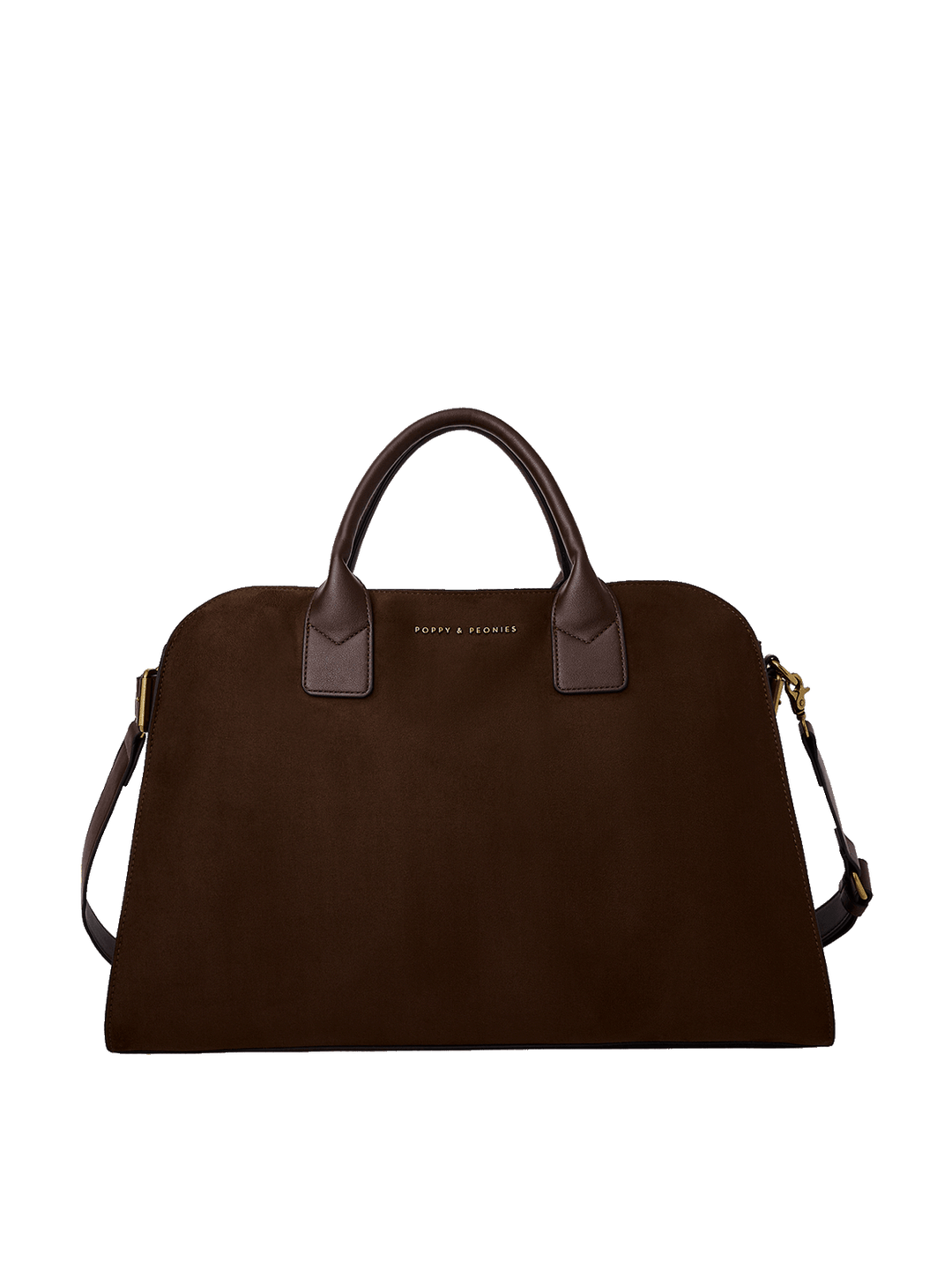 Poppy and Peonies Uptown Tote Espresso Suede featuring a structured dome-shaped silhouette in rich espresso brown suede, contrasting smooth leather top handles, gold logo lettering, and a detachable adjustable shoulder strap with gold hardware.