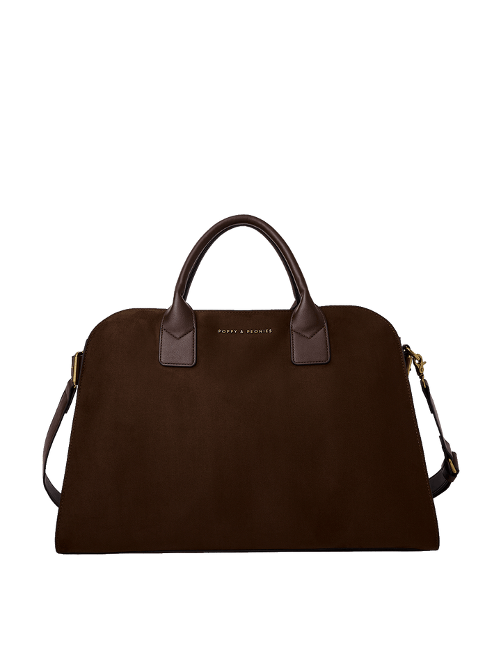 Poppy and Peonies Uptown Tote Espresso Suede featuring a structured dome-shaped silhouette in rich espresso brown suede, contrasting smooth leather top handles, gold logo lettering, and a detachable adjustable shoulder strap with gold hardware.