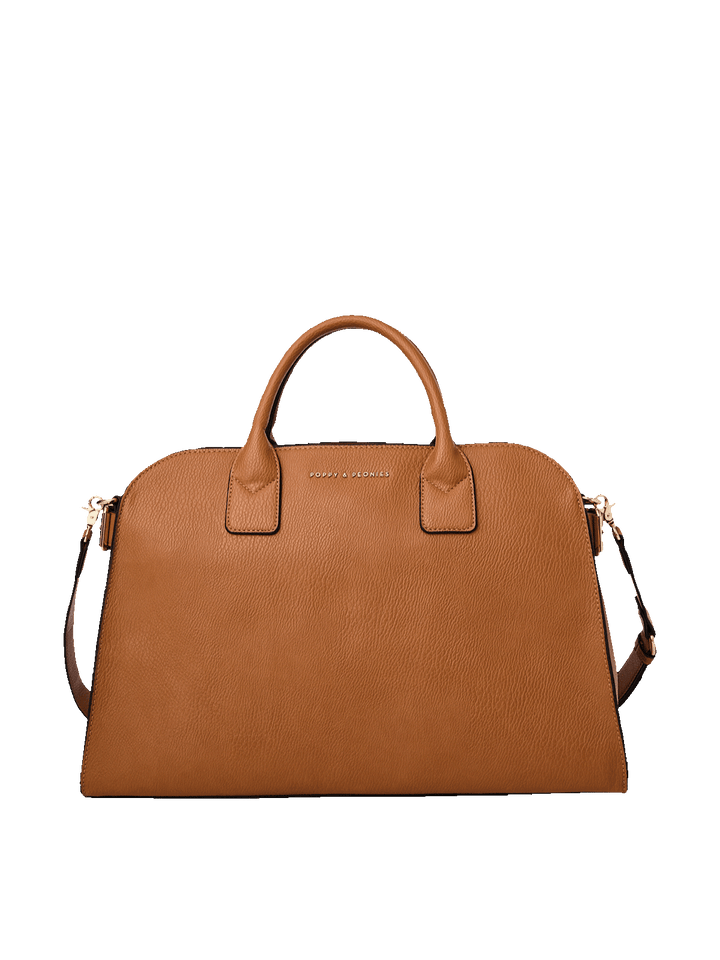 Poppy and Peonies Uptown Tote Cognac featuring a structured dome-shaped silhouette, pebbled texture, dual top handles, detachable shoulder strap, gold-tone hardware, and subtle front logo detailing.