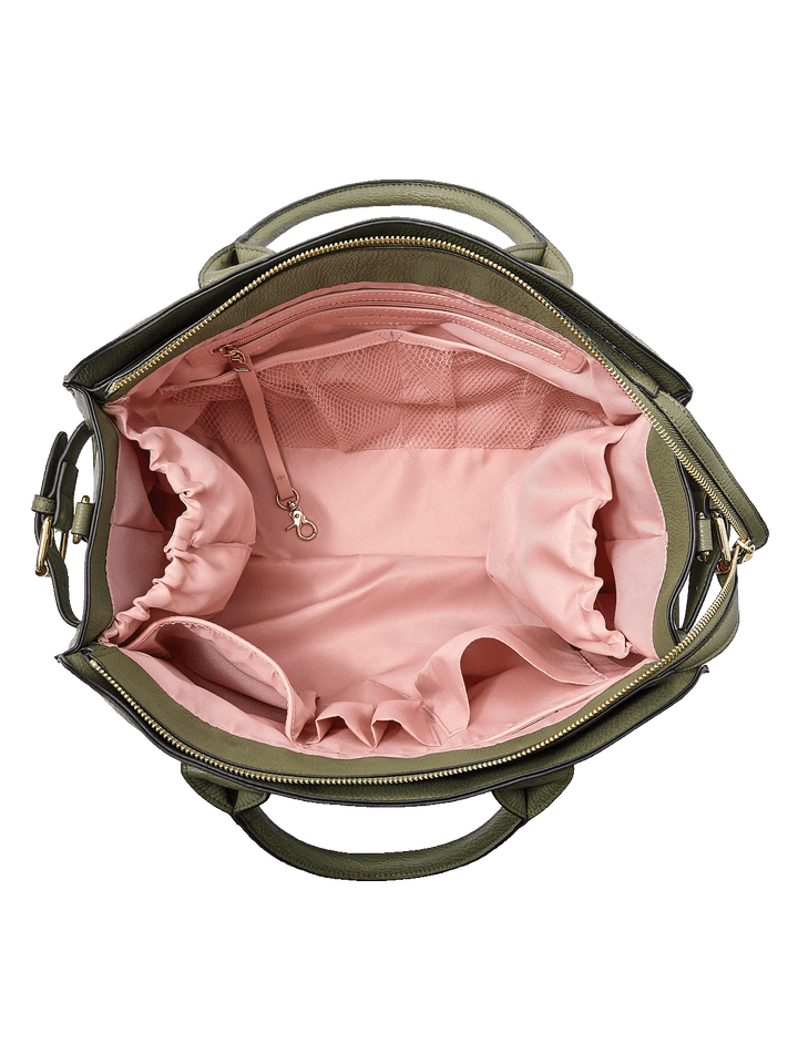 Interior of the Uptown Tote in Olive showing cup holder and organization pockets