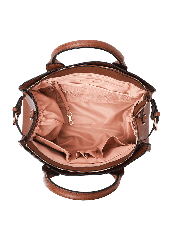 Brown vegan leather handbag with pink interior 