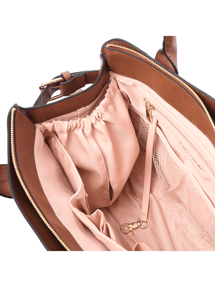 Brown handbag with pink interior lining