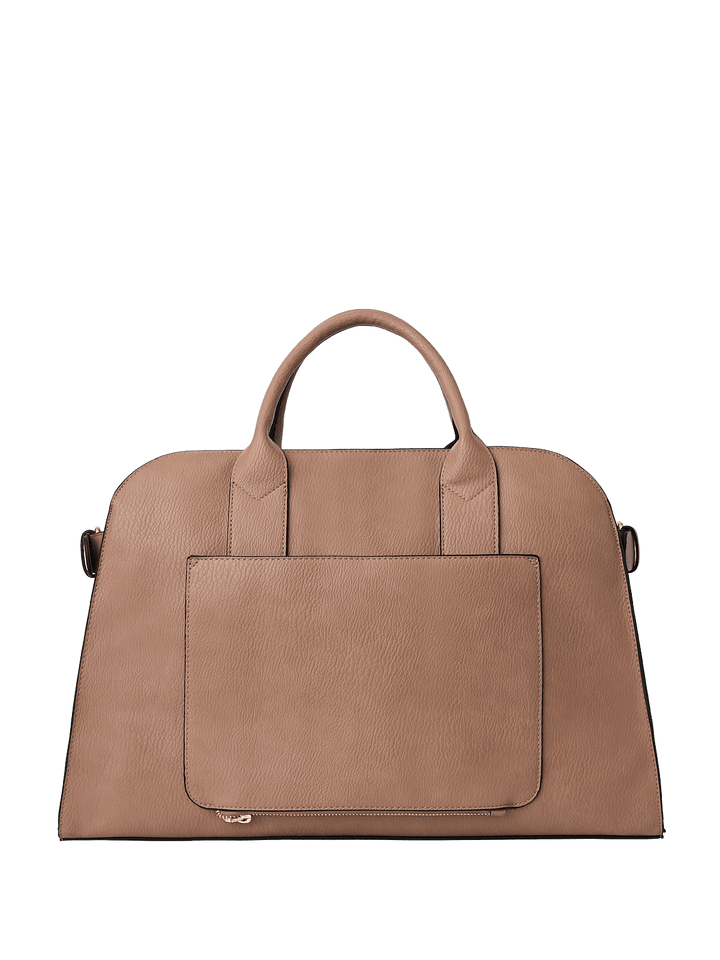 Light brown vegan leather tote bag with a detachable crossbody strap