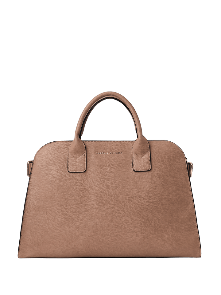 Light brown vegan leather tote bag with a detachable crossbody strap