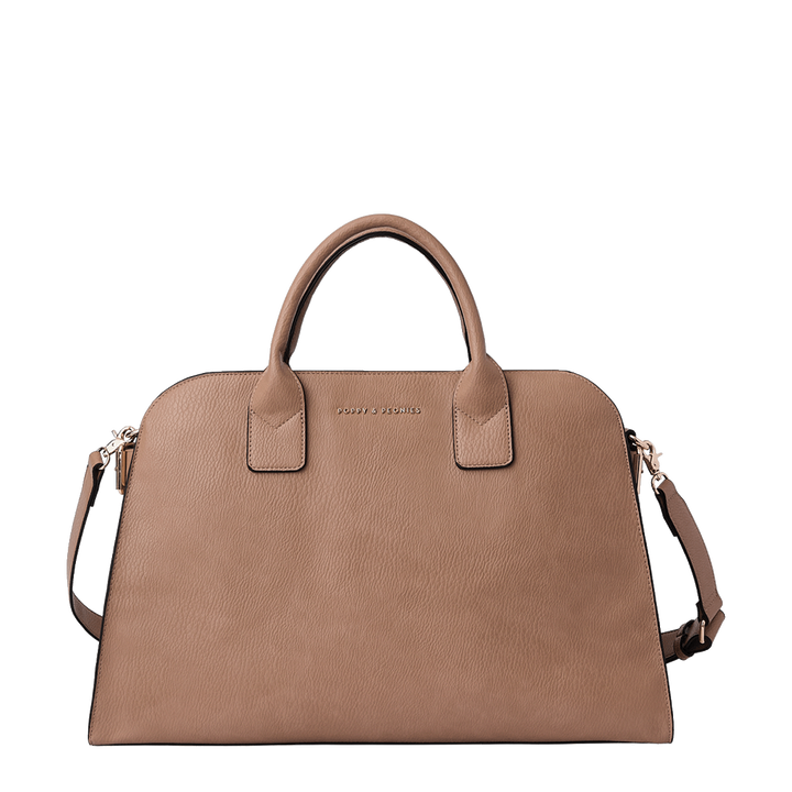 Light brown vegan leather tote bag with a detachable crossbody strap