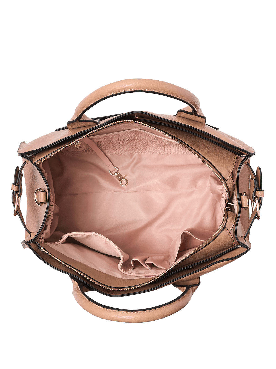 Interior of a light brown vegan leather tote bag with a detachable crossbody strap