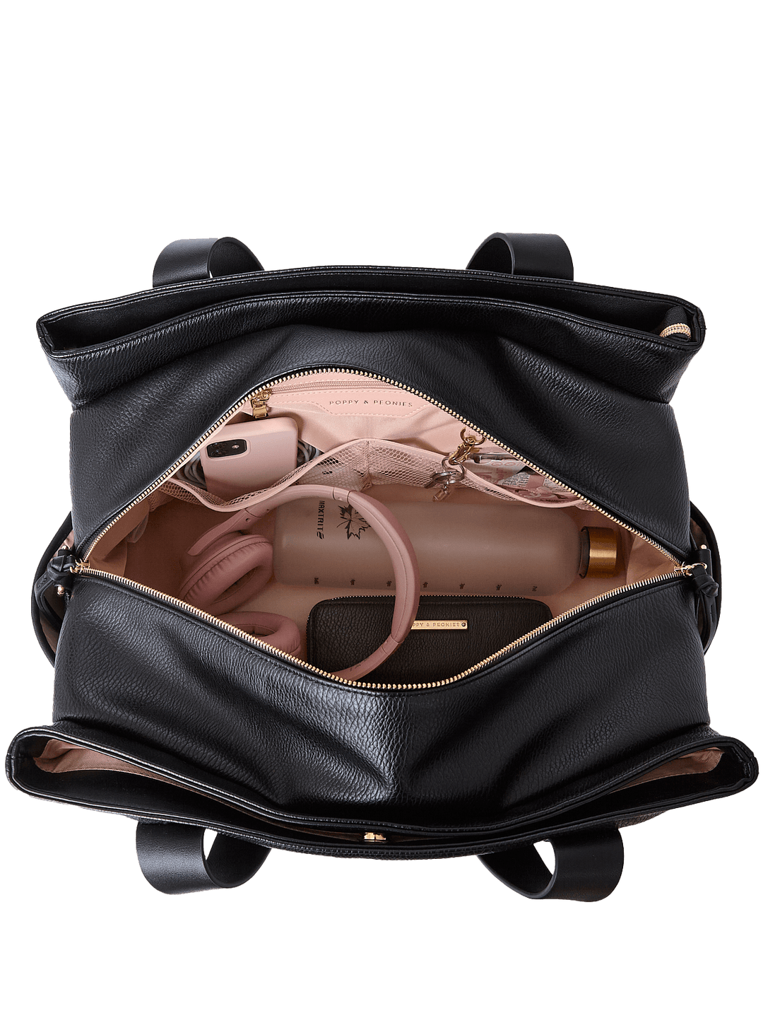 Interior of Mini Voyager tote in Black showing triple-opening compartments and organizer pockets.