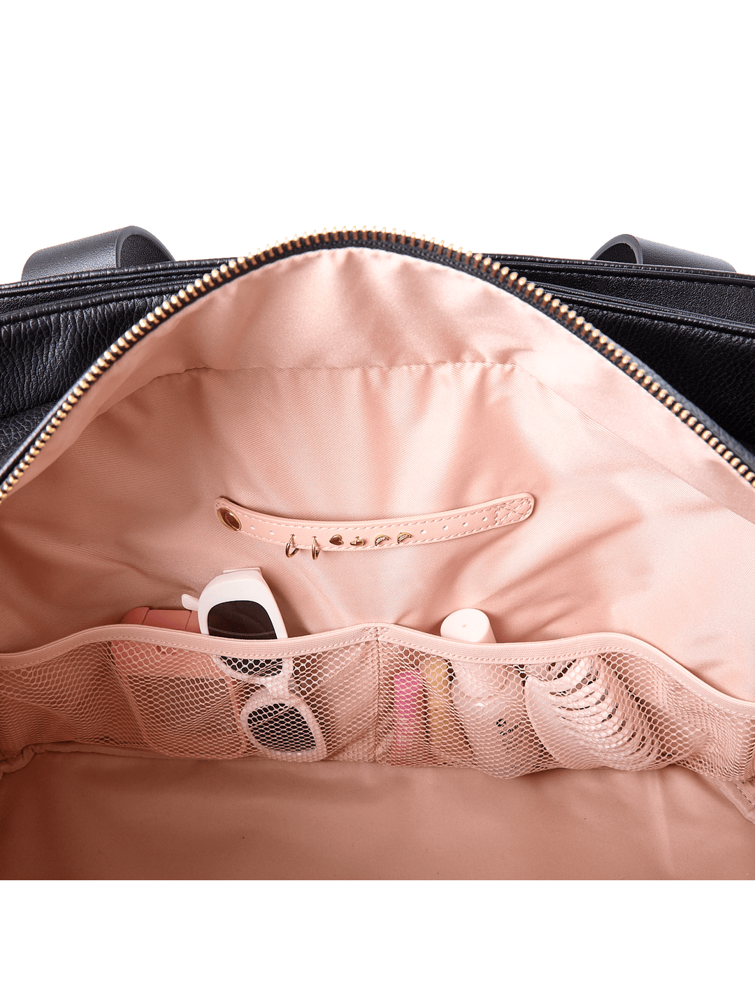 Interior slide pocket and jewelry tab inside Mini Voyager tote in Black 