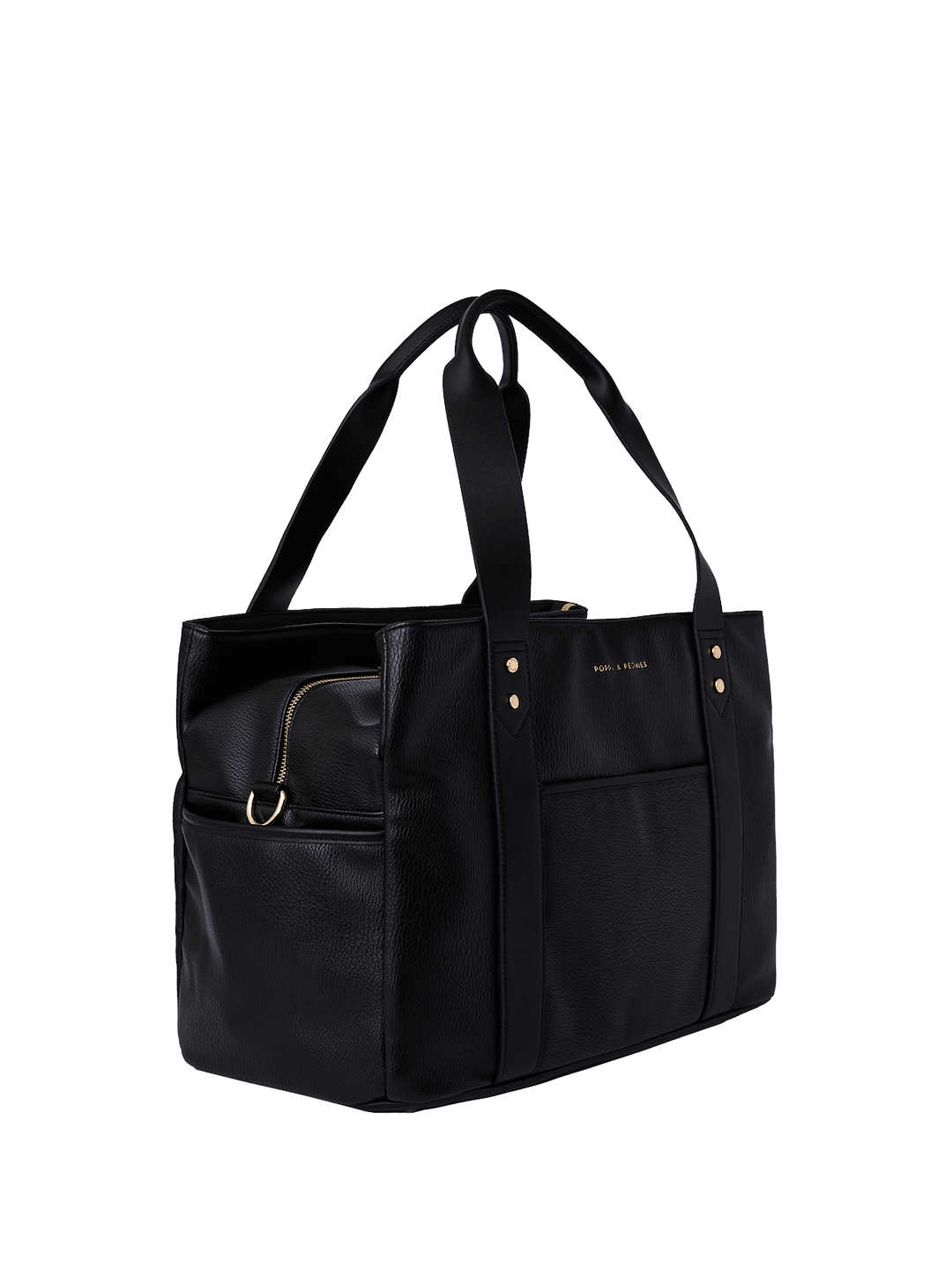 Angled side view of Mini Voyager tote in Black.