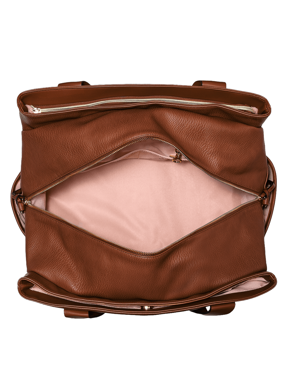 Open brown vegan leather travel bag 