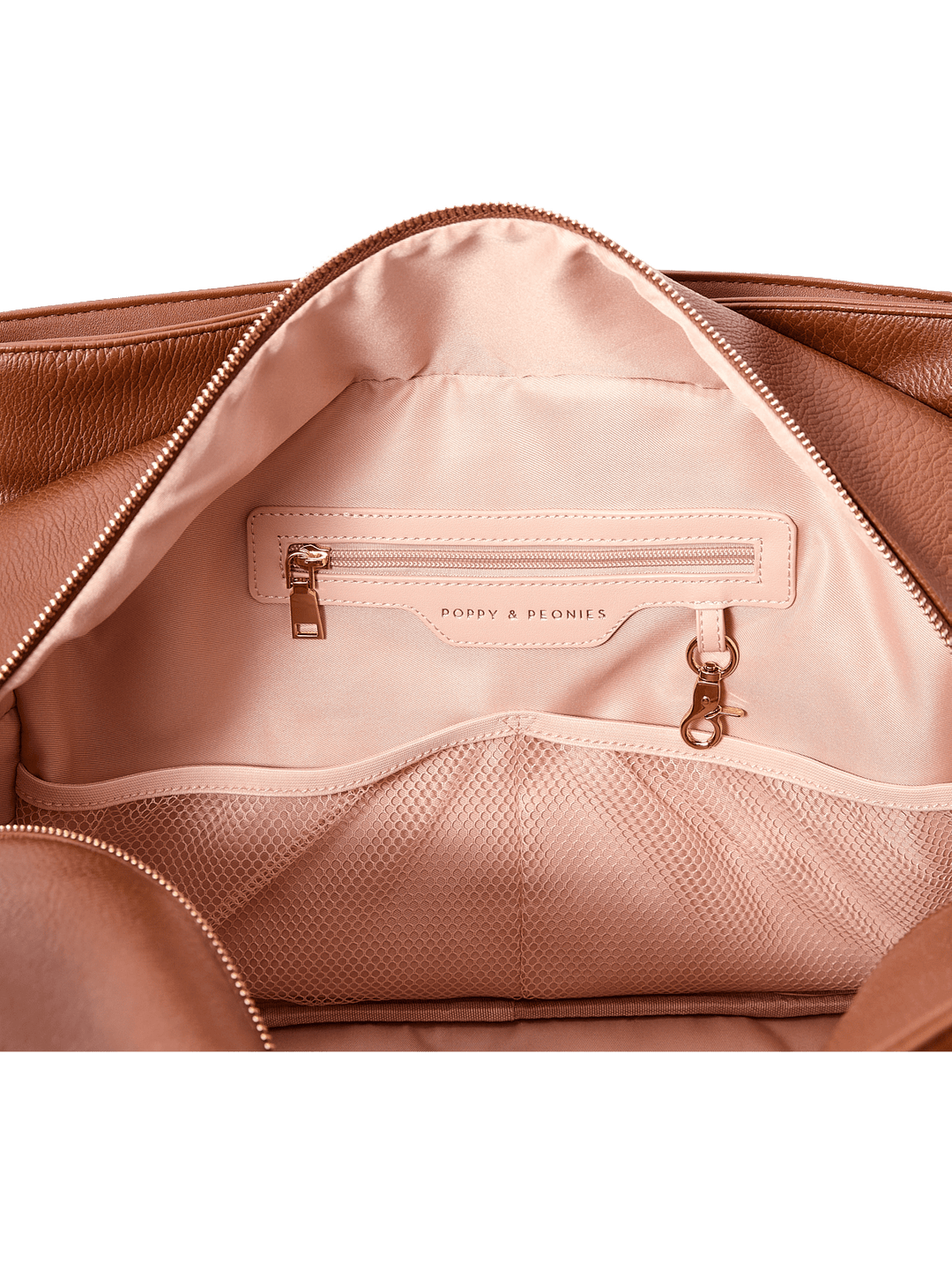 Close-up of the interior of a brown vegan  leather bag