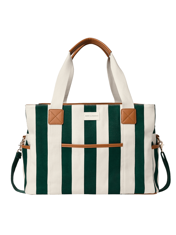 Striped handbag with green and white stripes and brown accents