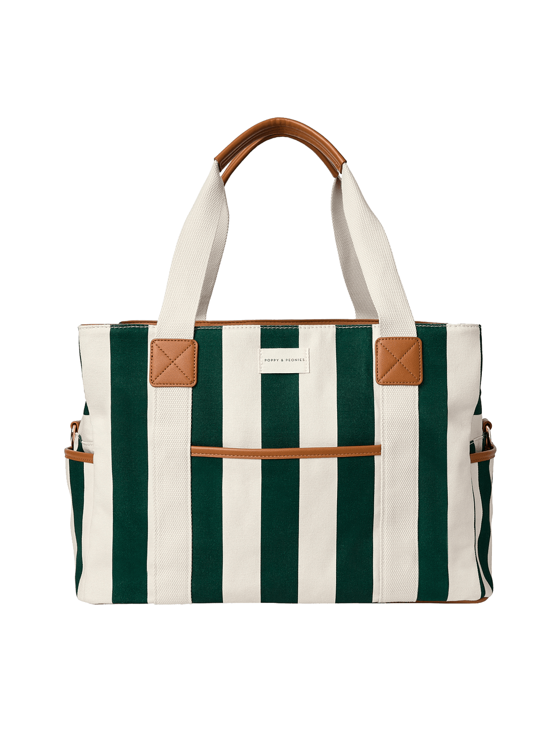 Striped handbag with green and white stripes and brown accents