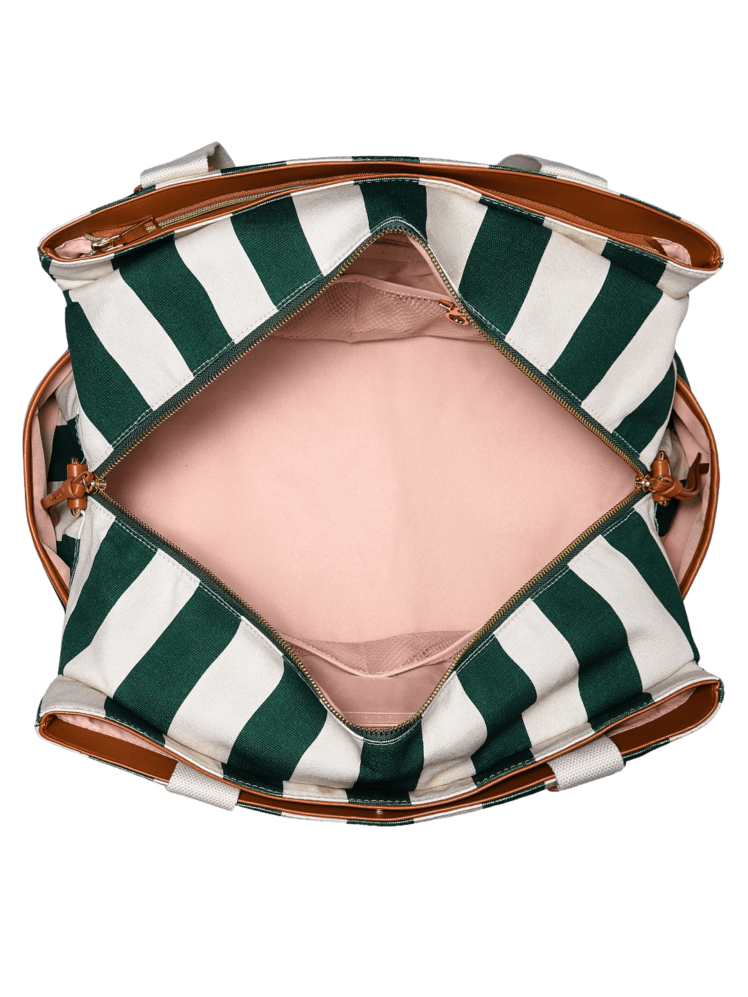 Open travel bag with green and white stripes and a pink lining 