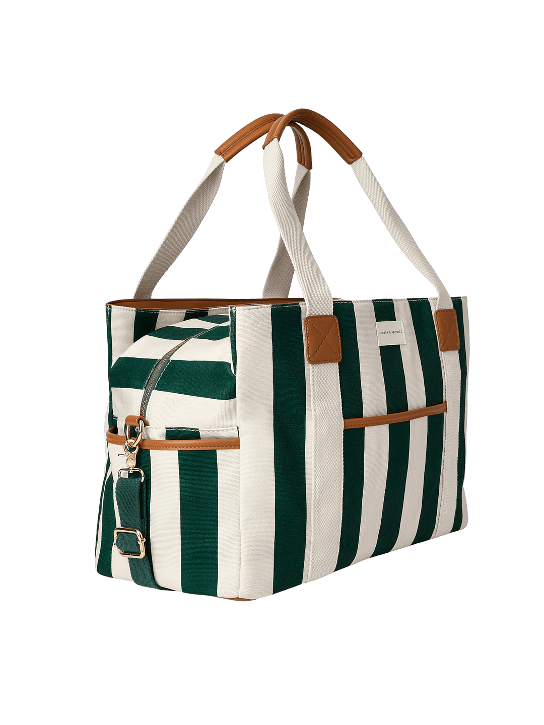 Striped handbag with green and white stripes and brown accents