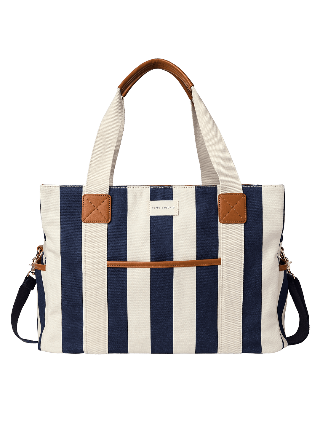Navy and white striped tote bag with brown accents 