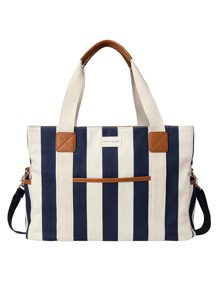 Navy and white striped tote bag with brown accents 