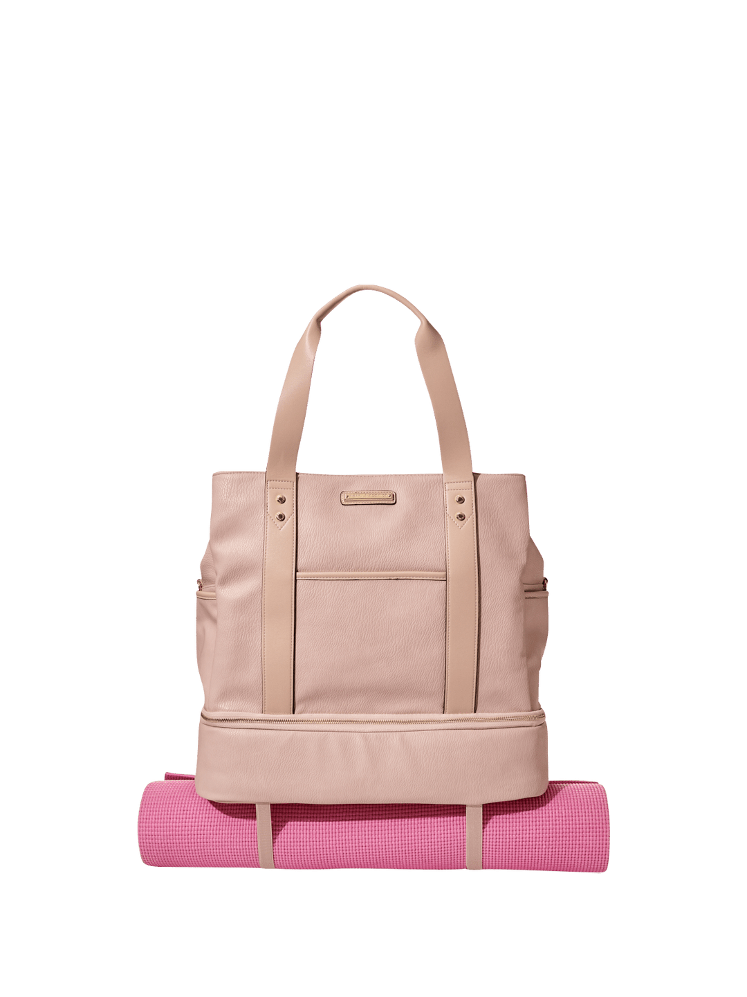 Blush coloured vegan leather travel bag with a pink yoga mat attached to the bottom