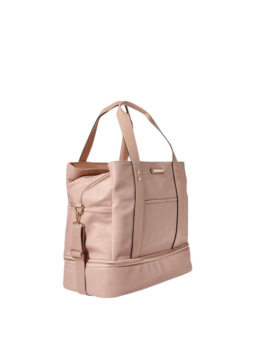 Blush vegan leather travel bag with a gold zipper