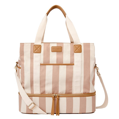 Front of a Poppy and Peonies travel bag in camel stripe