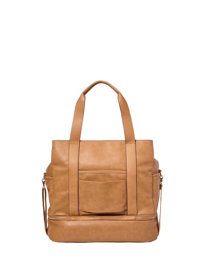 Back of a brown vegan leather bag