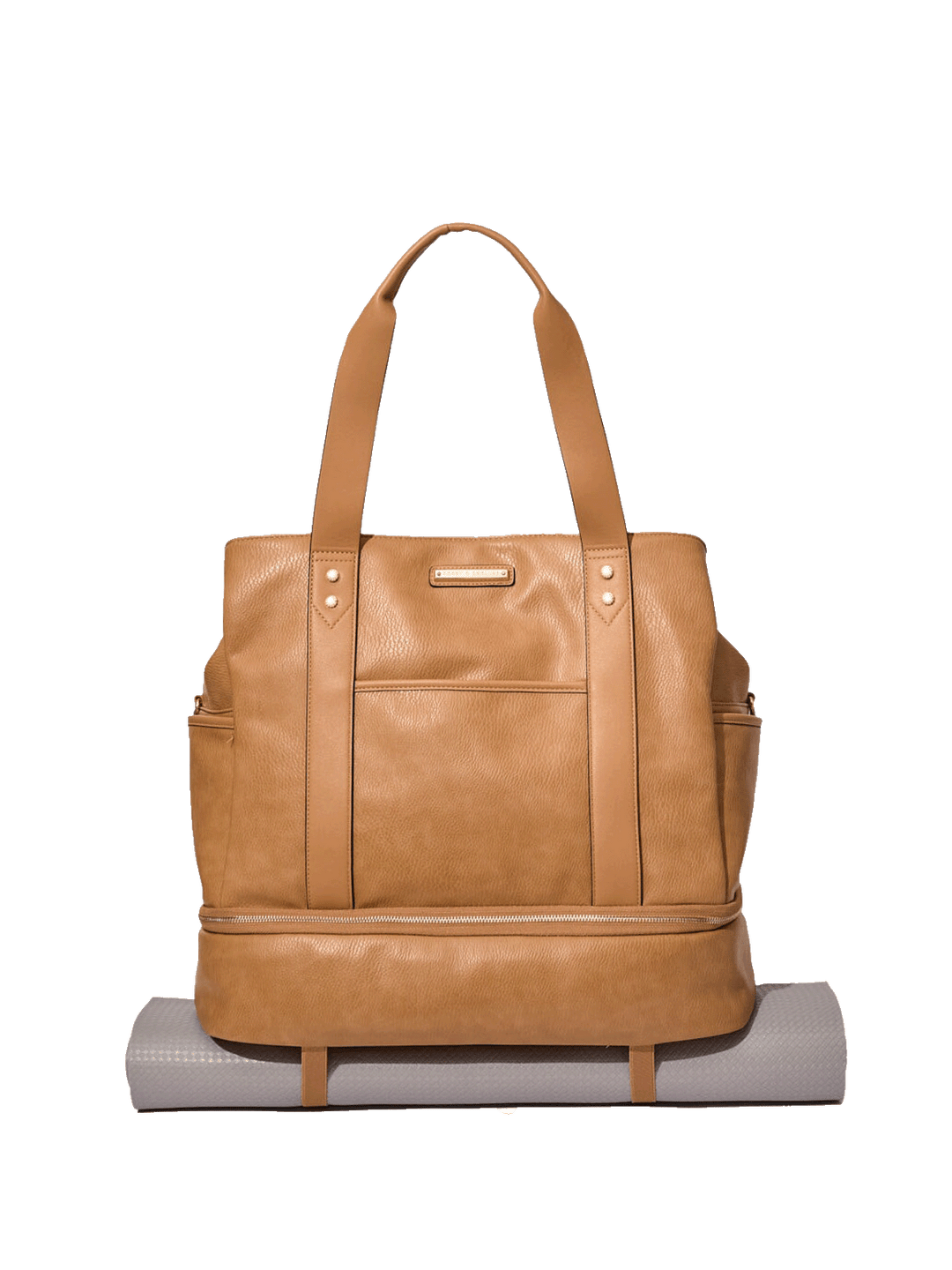 Brown vegan leather travel bag with a yoga mat attached to the bottom