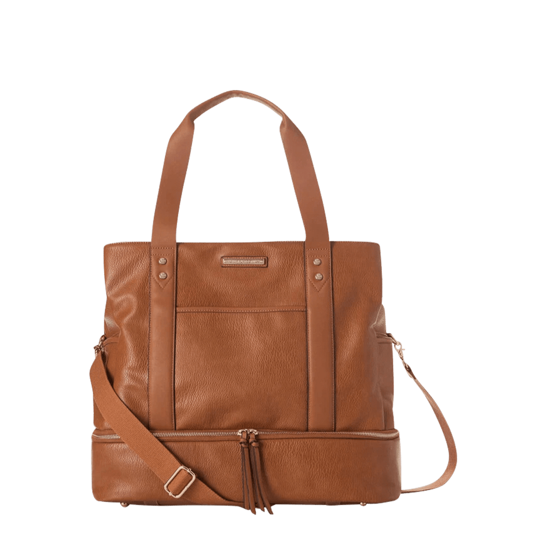 Brown vegan leather travel bag with a shoulder strap and crossbody strap 