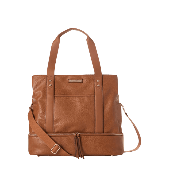 Brown vegan leather travel bag with a shoulder strap and crossbody strap 