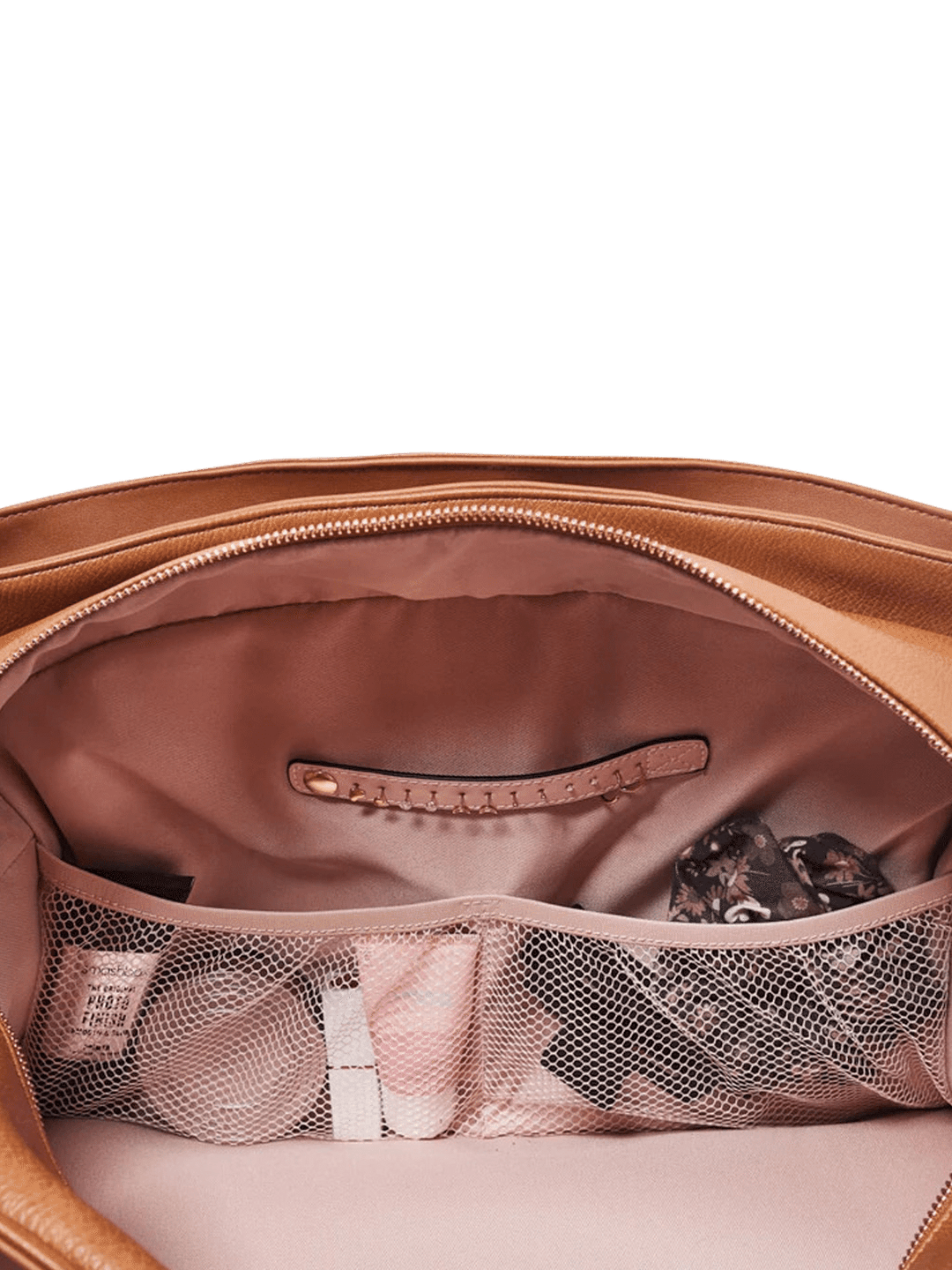 Brown leather bag with mesh pockets and a jewelry tab