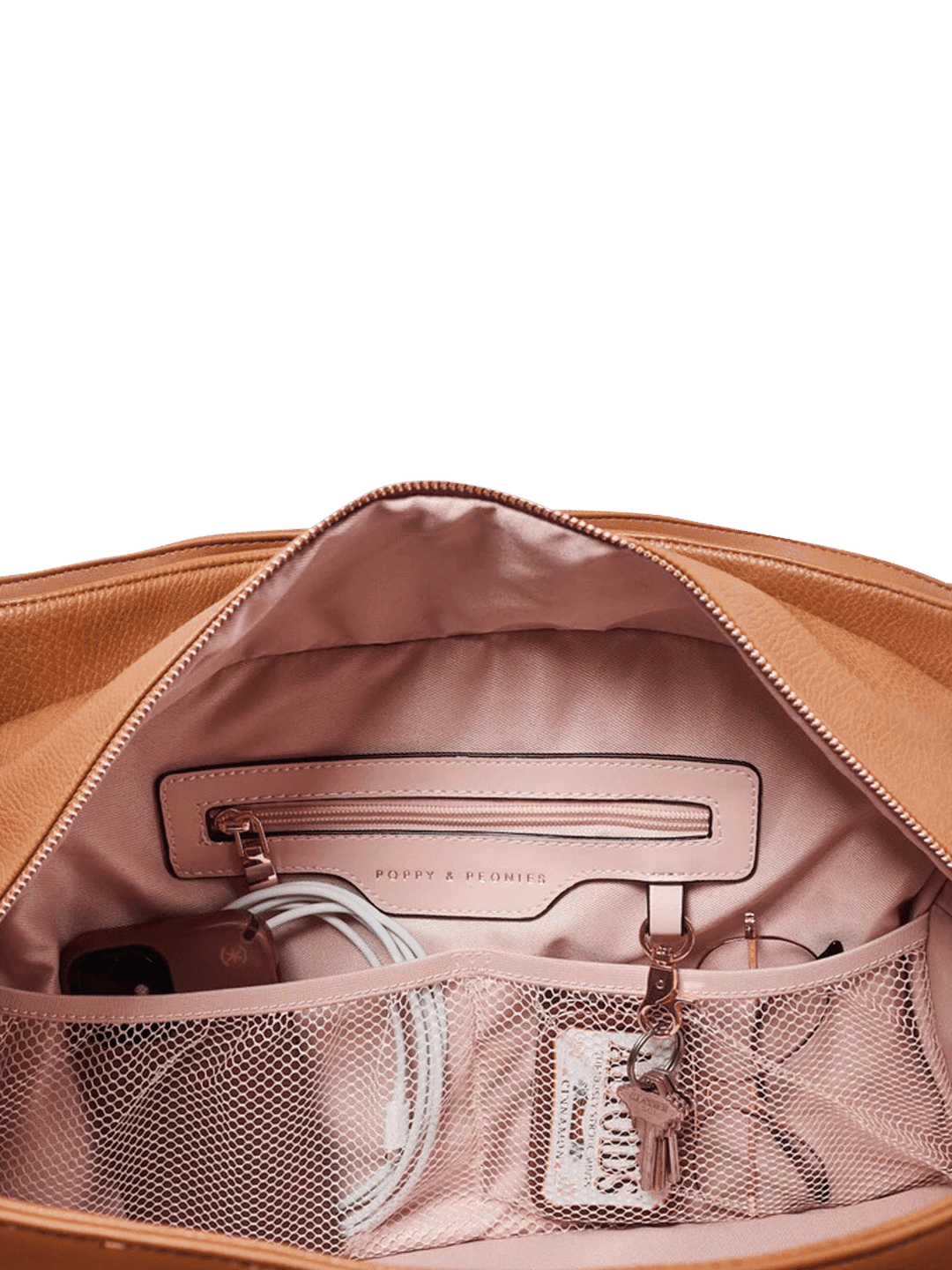 Brown leather handbag with mesh and zip pockets