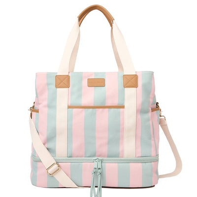 Front of a watermelon stripe Poppy and Peonies travel bag