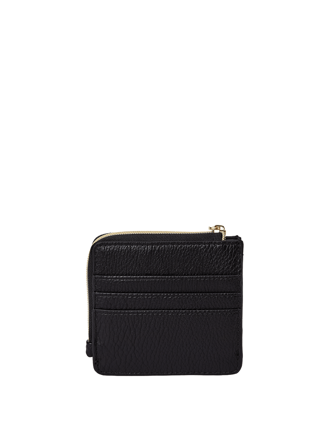 Black leather wallet with a gold zipper on a transparent background