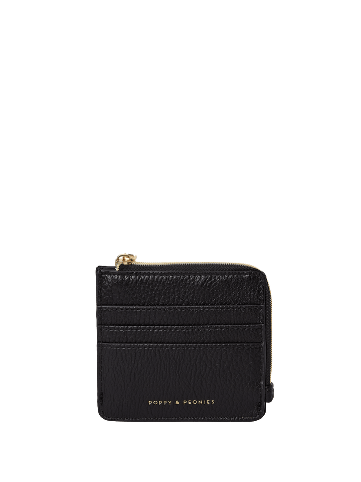 Black vegan leather wallet with gold zipper on a transparent background