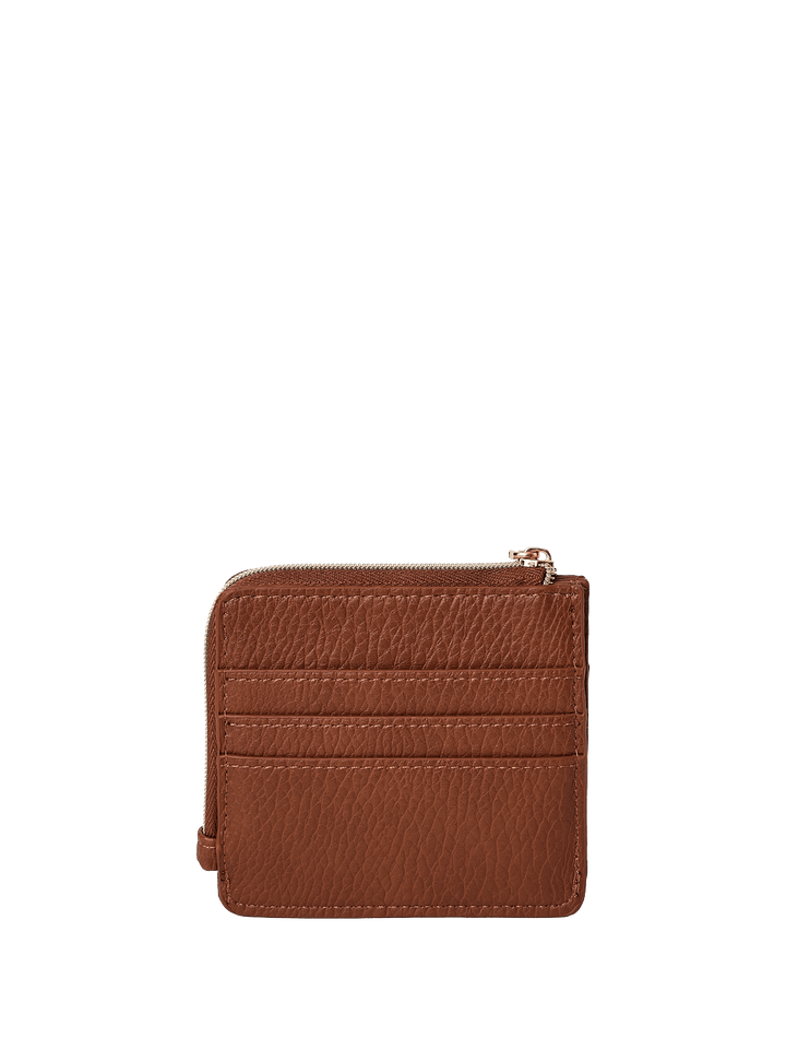 Brown vegan leather wallet with a zipper on a transparent background