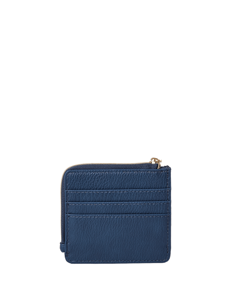 Blue wallet with a gold zipper on a transparent background