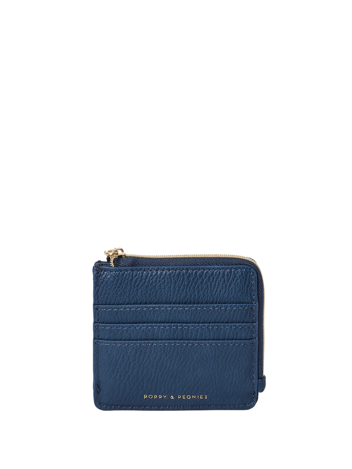 Blue wallet with gold zipper on a transparent background