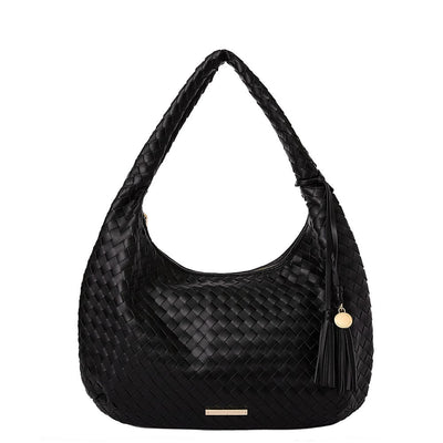 Front of a black woven hobo bag