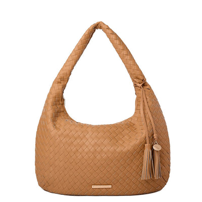 Front of a camel coloured woven hobo bag