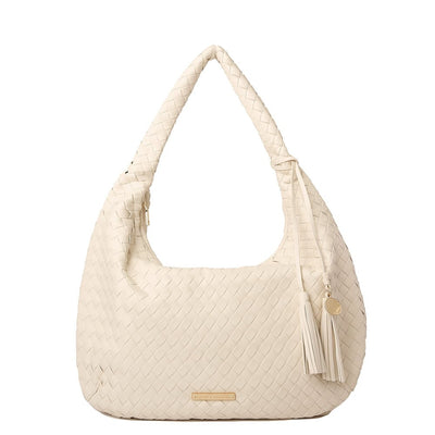 Front of a cream coloured woven hobo bag