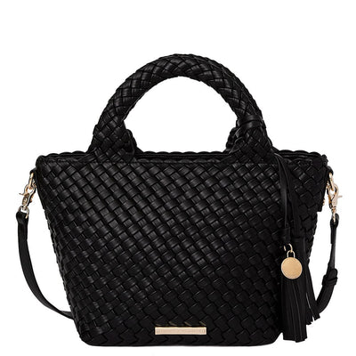 Front of a black woven tote bag