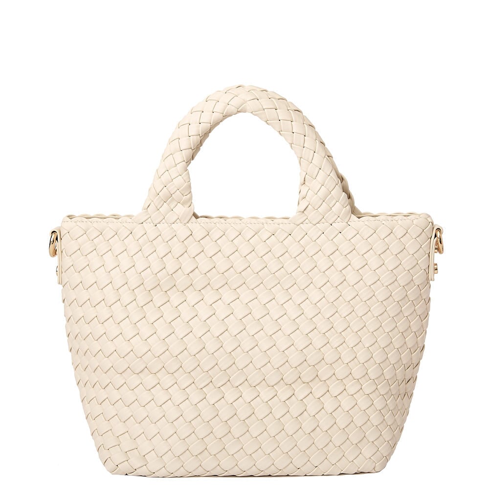 Back of a cream coloured woven tote bag