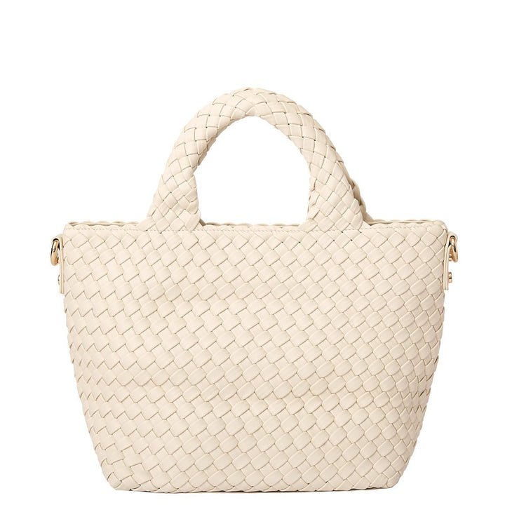 Back of a cream coloured woven tote bag