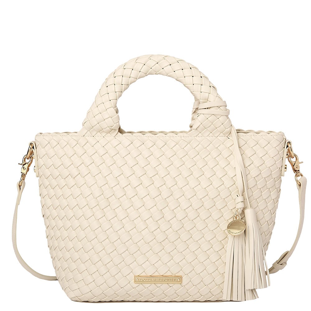 Front of a cream coloured woven tote bag