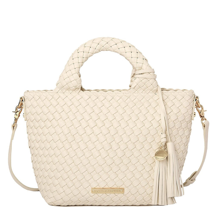 Front of a cream coloured woven tote bag