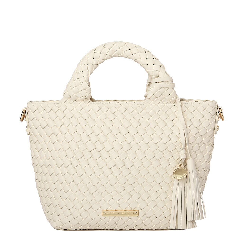 Front of a cream coloured woven tote bag