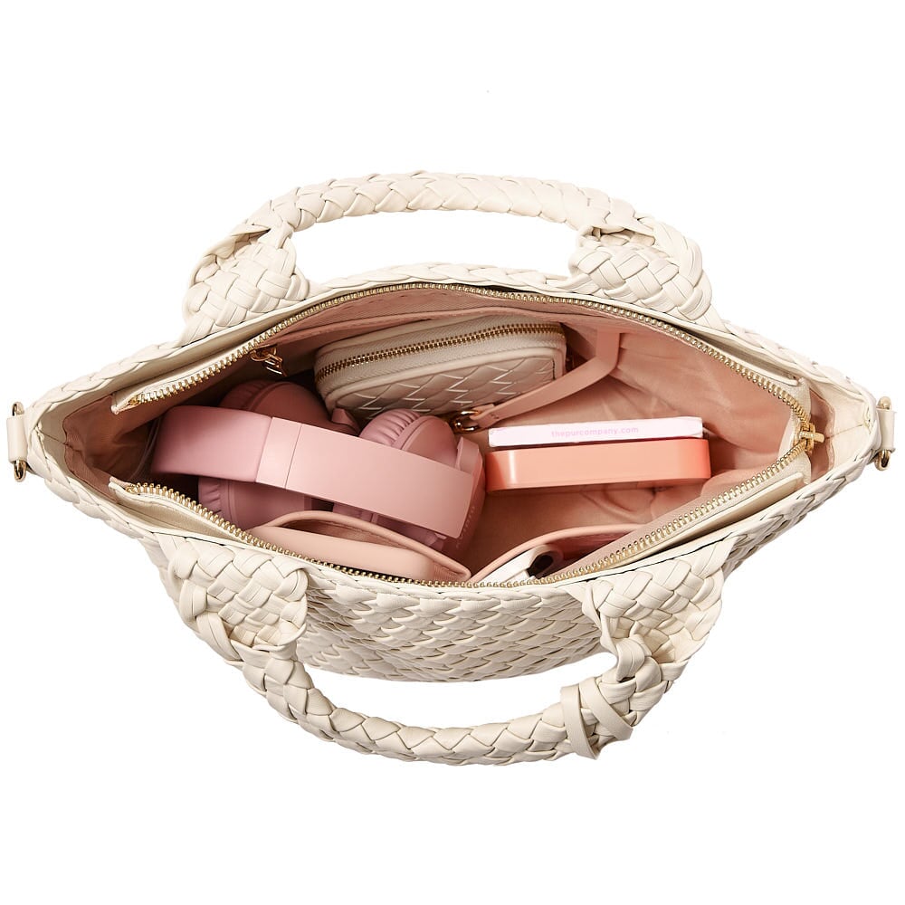 Interior of a cream coloured woven tote bag