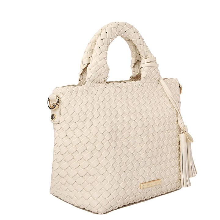 Side of a cream coloured woven tote bag