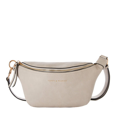 A fog gray pebbled vegan leather belt bag with a front zipper pocket and the brand 'Poppy & Peonies' embossed on the side.