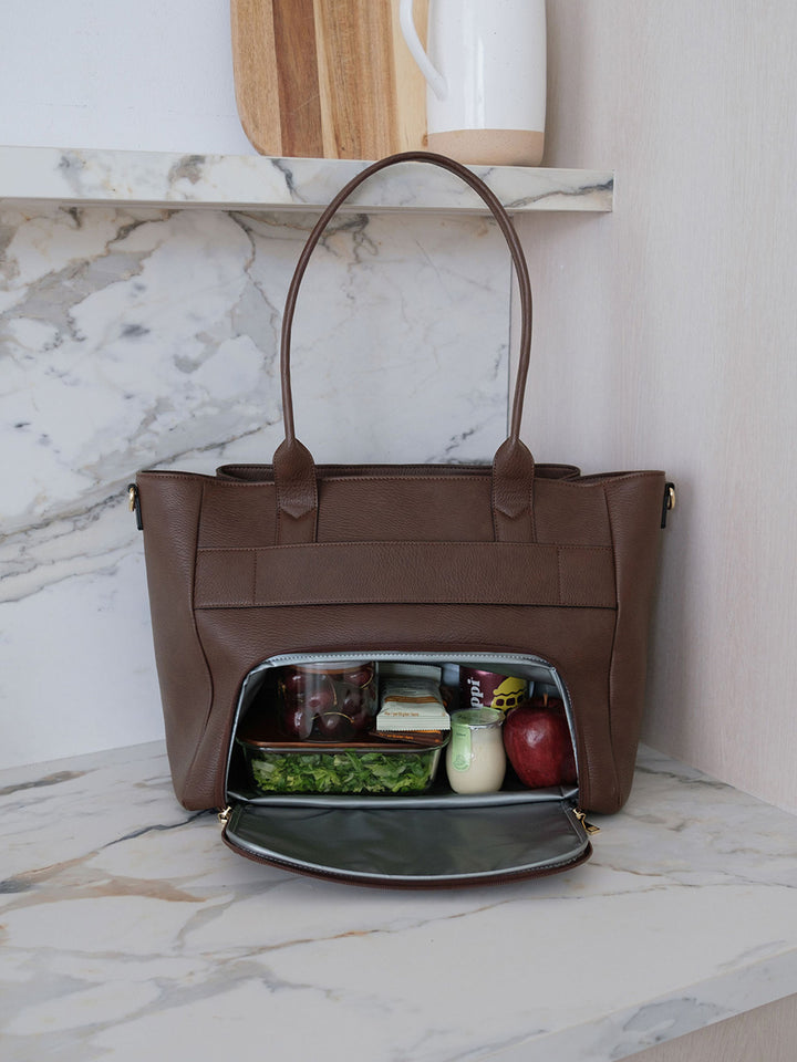 Poppy & Peonies Double Duty Tote in Espresso showcasing the insulated lunch compartment with lunch and snacks.